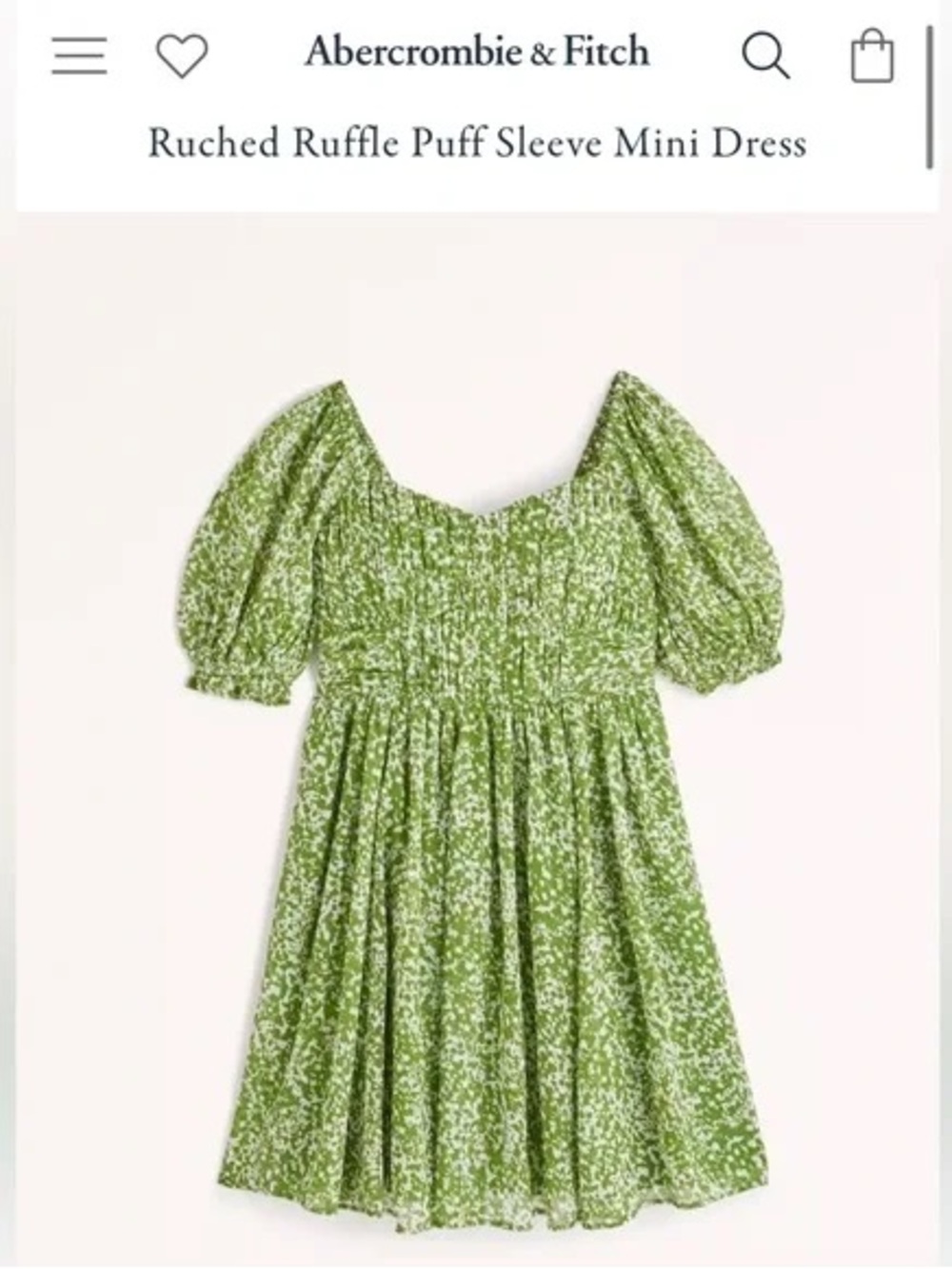 Abercrombie & Fitch Light Green Ruched Ruffle Puff Sleeve Mini Dress